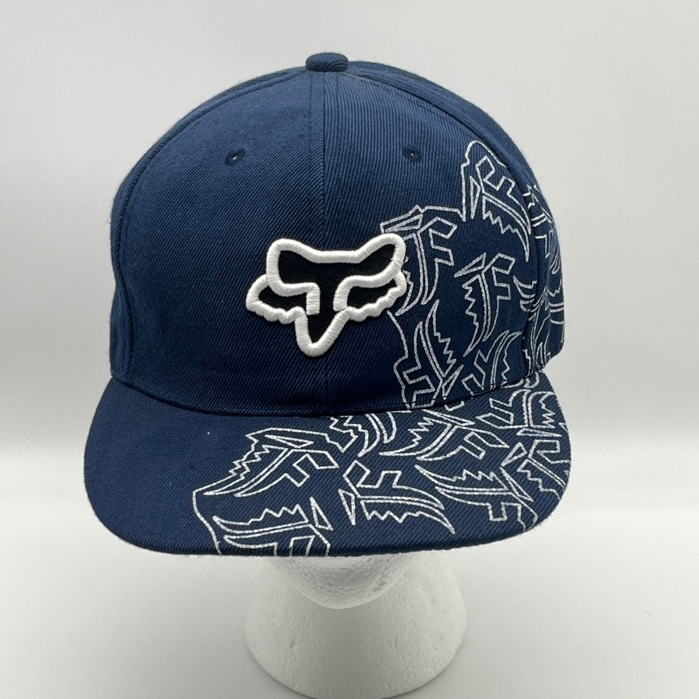Vtg Fox Racing Hat Men Sz 7 3/4 Fitted Cap Navy Blue Graffiti Print New Century